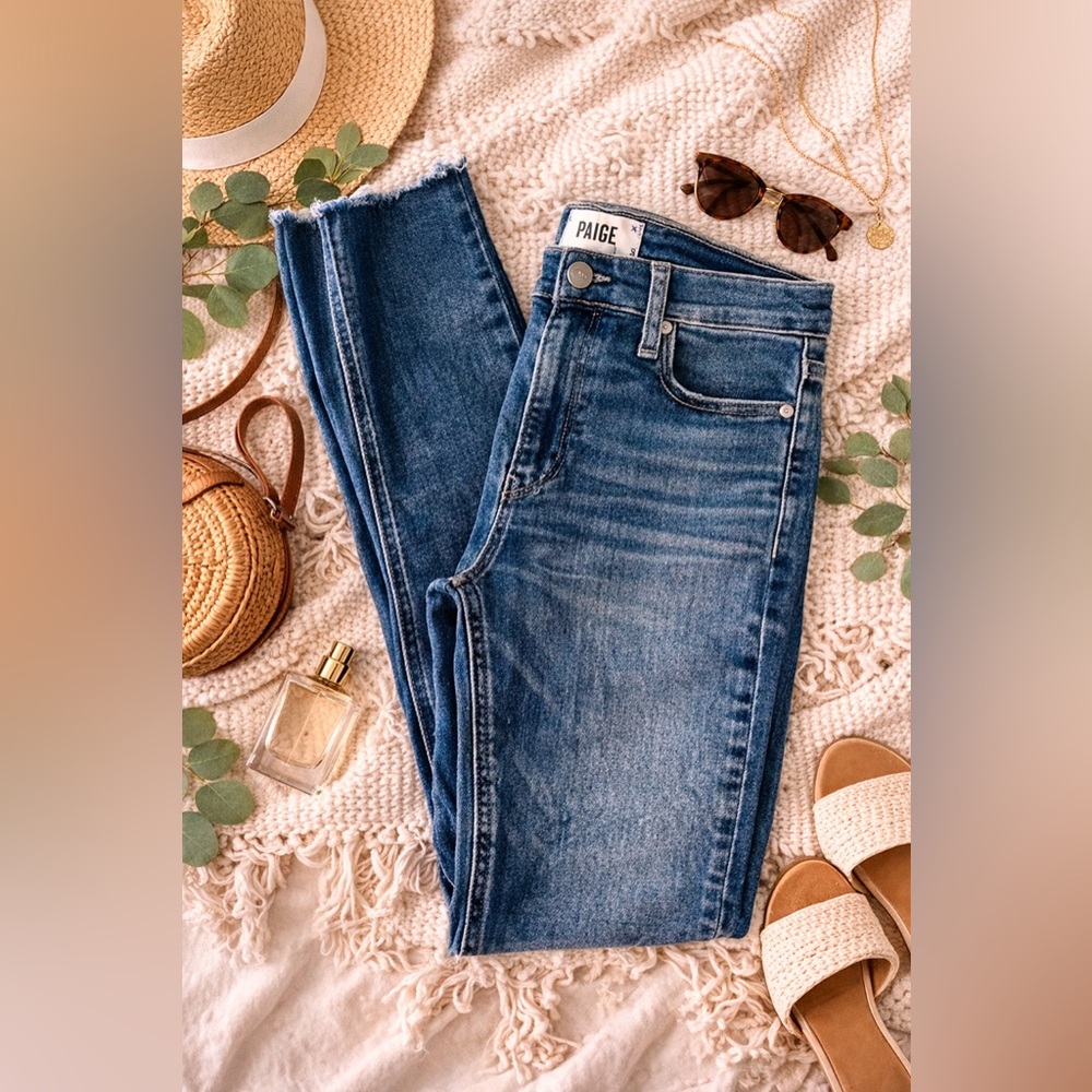 PAIGE Margot Crop Jeans Size 30 Blue Mid Wash Raw Hem Skinny Denim Stretch